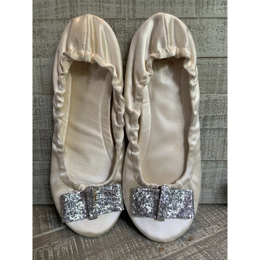Kate Spade Saturday Roll Up Ballet Flats Light Pink Women's Size 8 Glitter Bow